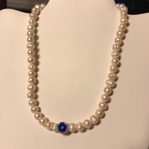 Stunning Baroque Pearl, Sapphire & Silver Necklace